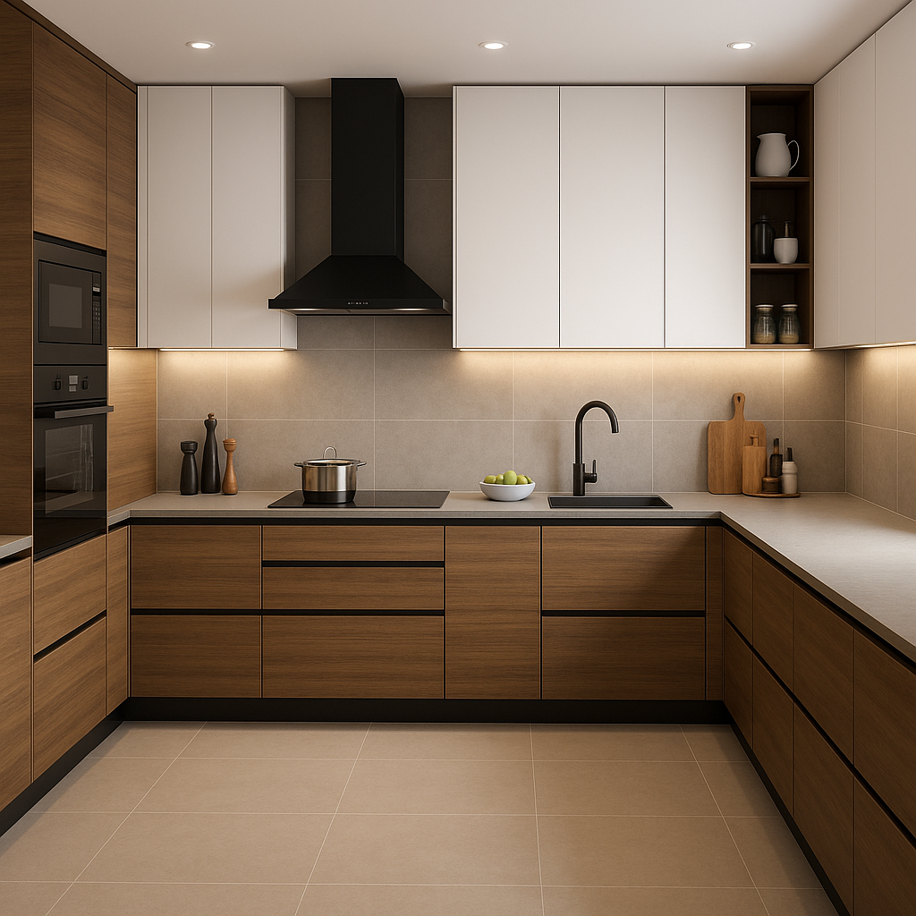 Sleek L-shaped modular kitchen with wood cabinets, white overhead units, and black fixtures from the best interior designer in Greater Noida.