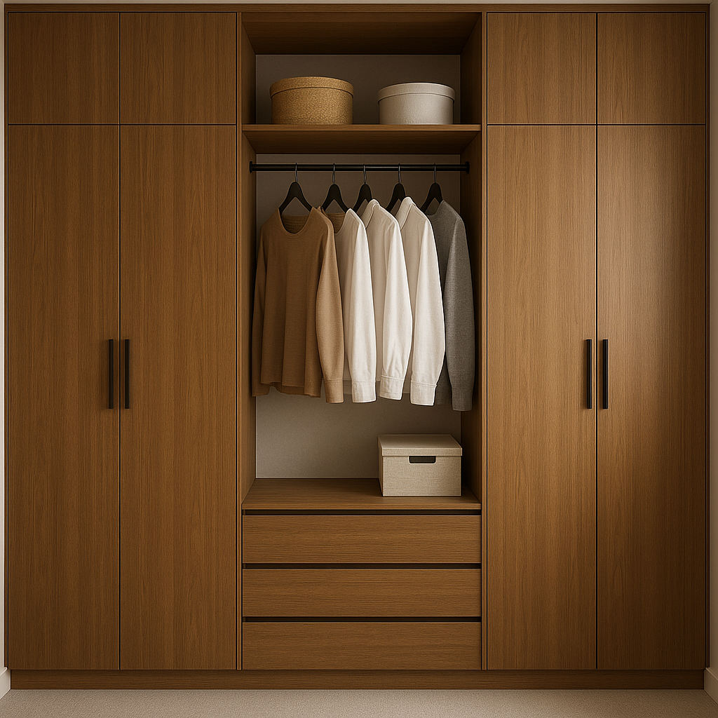Built-in wooden wardrobe with hanging shirts and drawers — interior design in Greater Noida"