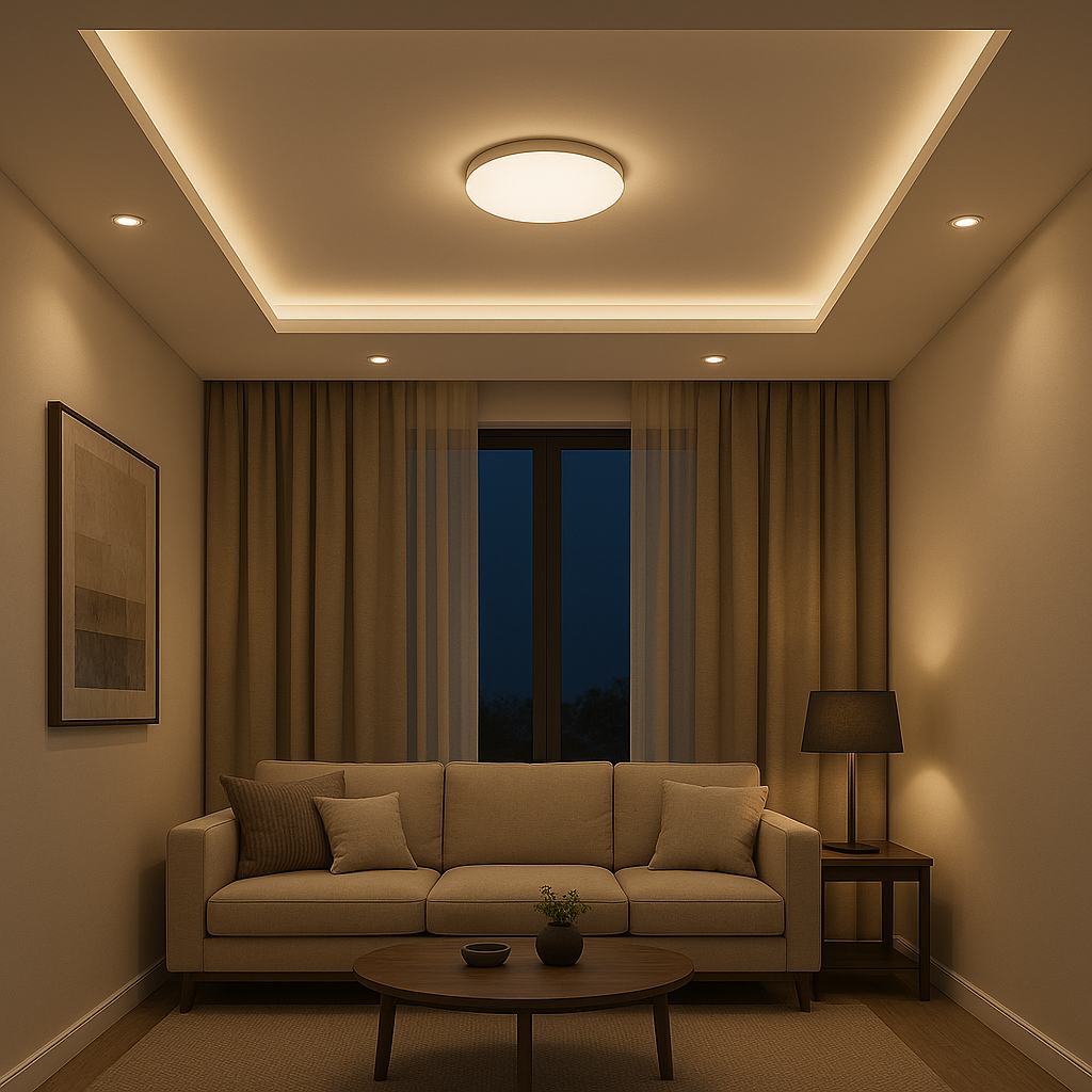 "Cozy living room with recessed ceiling lights and sofa — interior design in Greater Noida