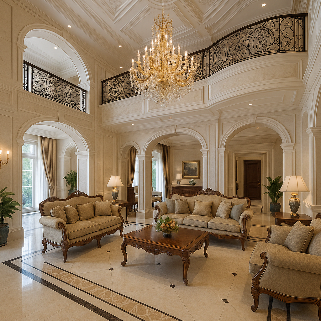 Luxurious living room with chandelier showcasing interior design in Greater Noida