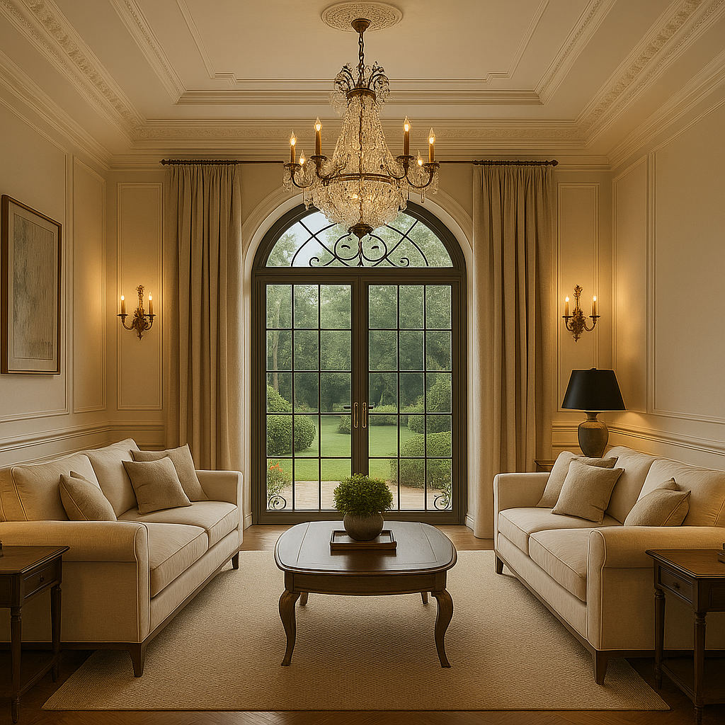Spacious living room showcasing interior desgine in greater with crystal chandelier and arched window in gretare noida
