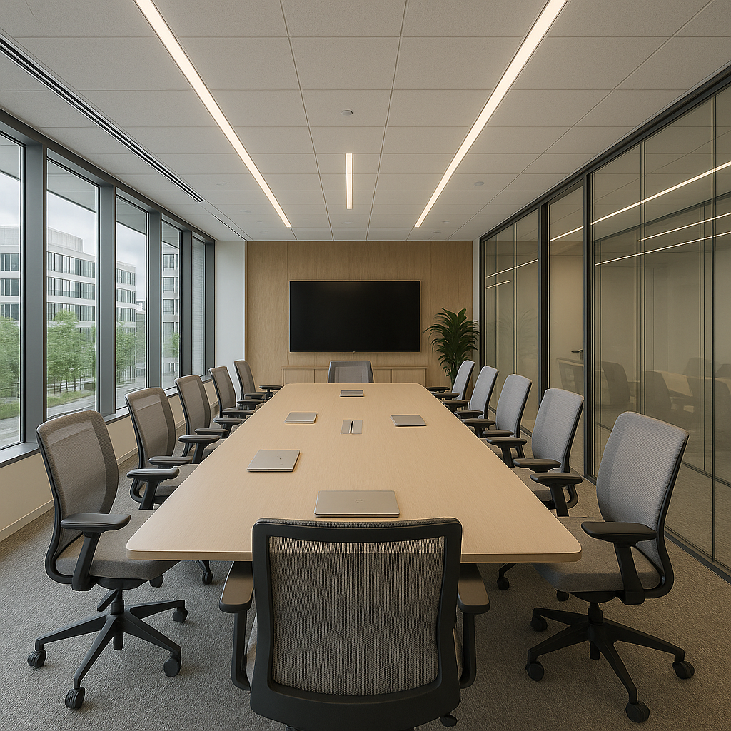 Modern boardroom with glass walls and ergonomic chairs showcasing interior desgine in greater noida