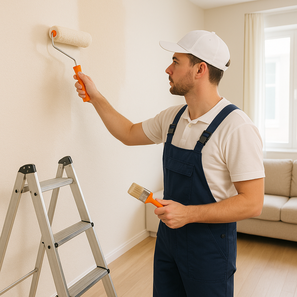 Professional painter applying fresh coat on interior wall with roller — interior design in Greater Noida”