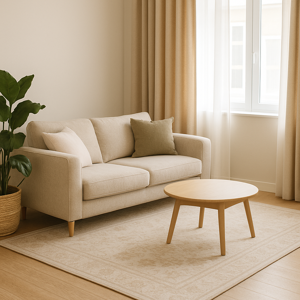 Beige sofa and round wooden coffee table in a sunlit room — interior design in Greater Noida