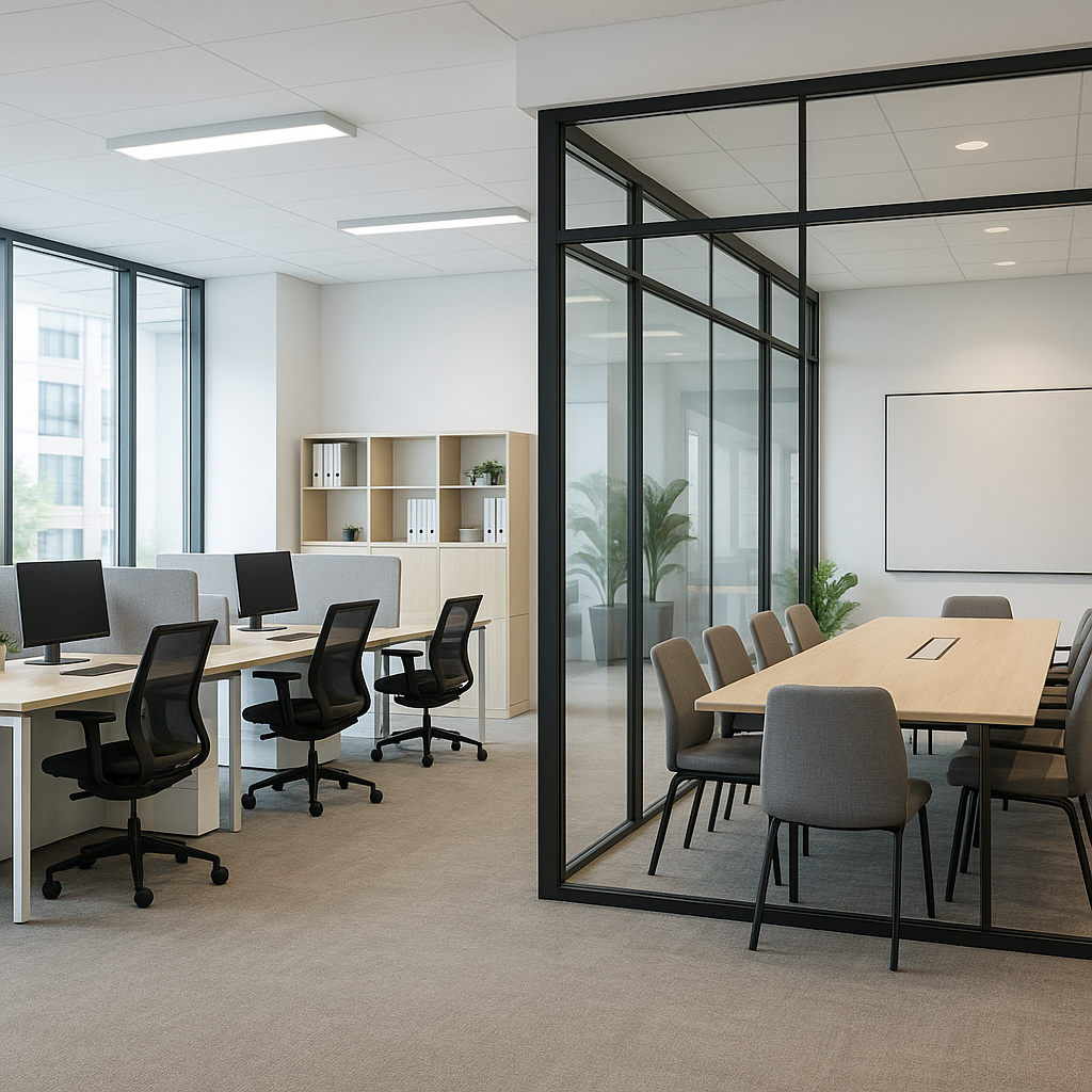 Open-plan workspace with ergonomic desks and glass-walled conference room — interior design in Greater Noida"