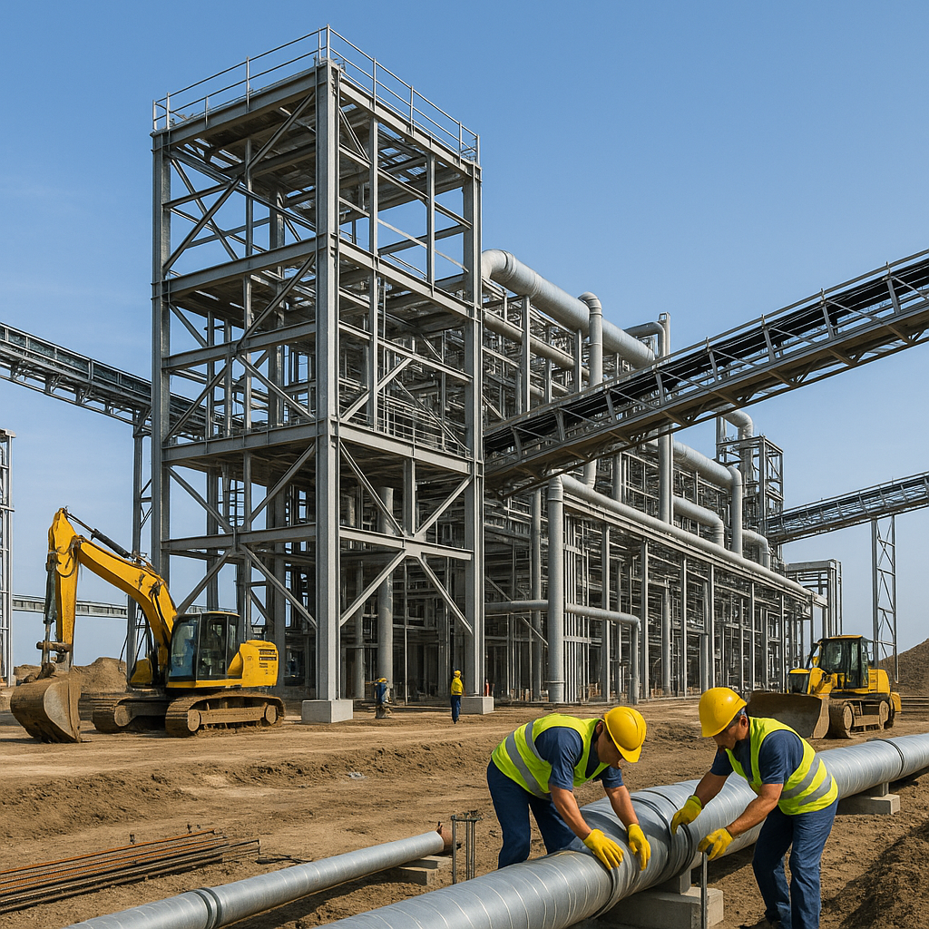 “Industrial building under construction by a construction company in Greater Noida, showing steel framework, tower crane, and workers in orange safety vests”