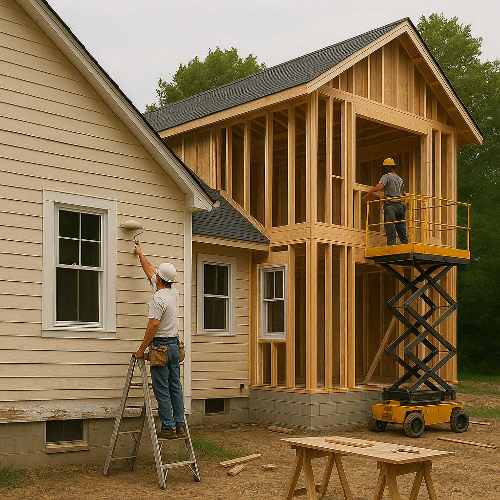 House under renovation with fresh paint and wooden addition framework — renovation and addition services in Greater Noida