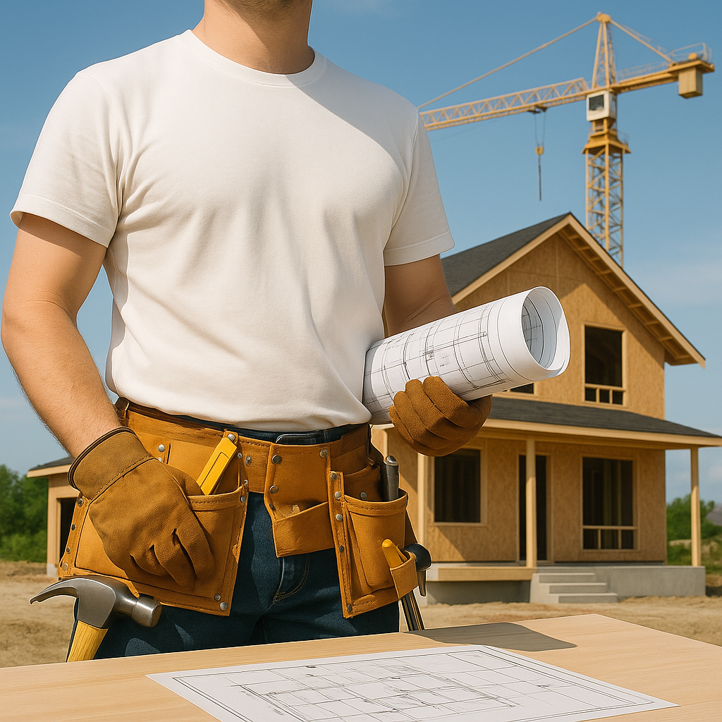 "Worker inspecting blueprints at a residential build site — leading construction company in Greater Noida