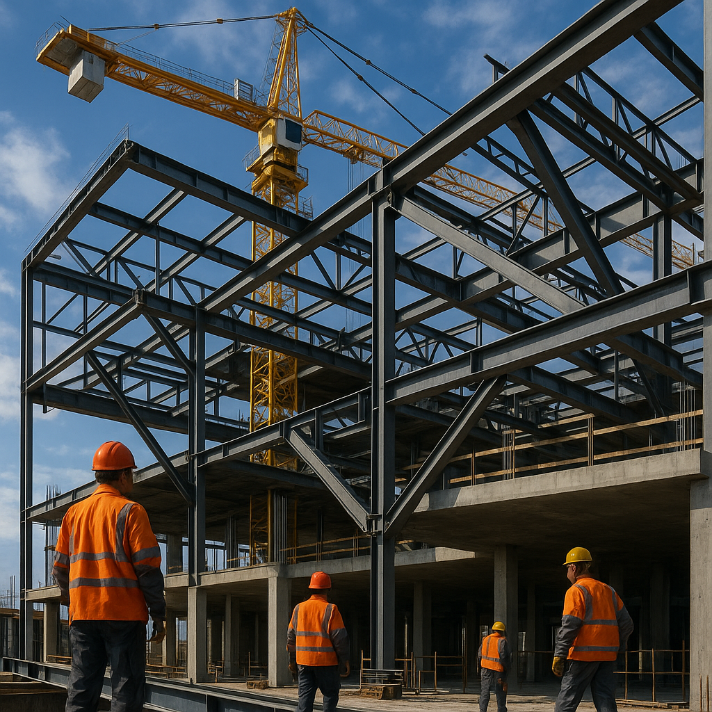 construction company in Greater Noida erecting steel framework under tower crane