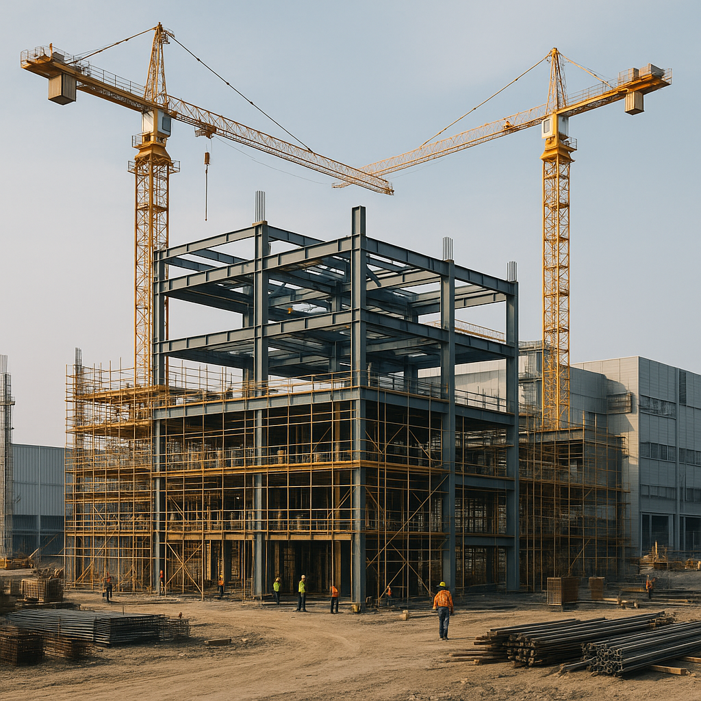 βWorkers at an industrial construction site in Greater Noida assembling a steel framework beneath two towering cranes, surrounded by scaffolding and construction materials against a clear sky.β