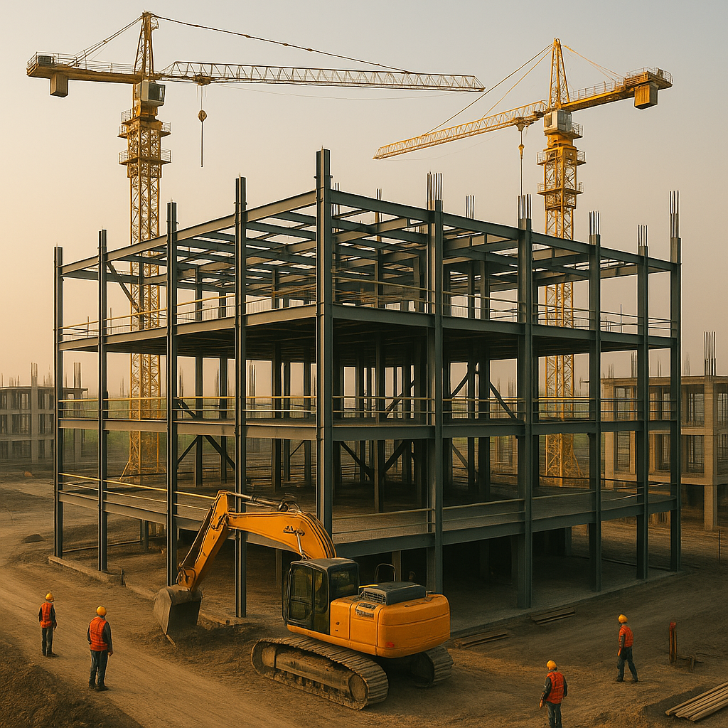 Square image of an industrial construction site in Greater Noida by a construction campany in Greater Noida, featuring a steel-framed structure under development, two yellow tower cranes, an excavator, and workers in high-visibility gear under warm late-afternoon light