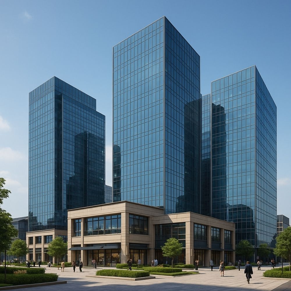 Three contemporary glass-façade towers overlooking a landscaped plaza, exemplifying our expertise as a construction campany in Greater Noida.