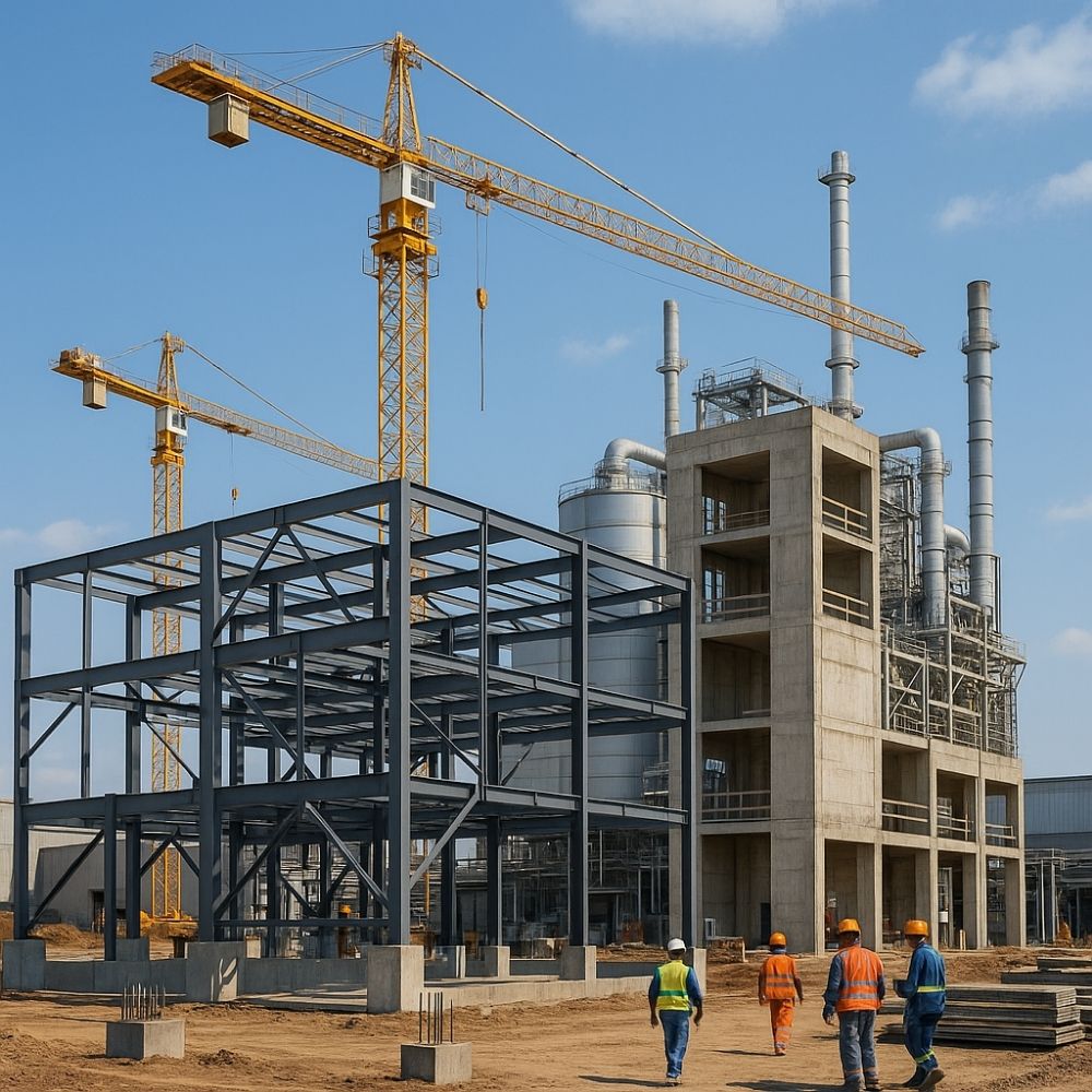 Industrial construction site in Greater Noida showing steel framework, concrete structures, tower cranes, and workers – construction campany in greater noida