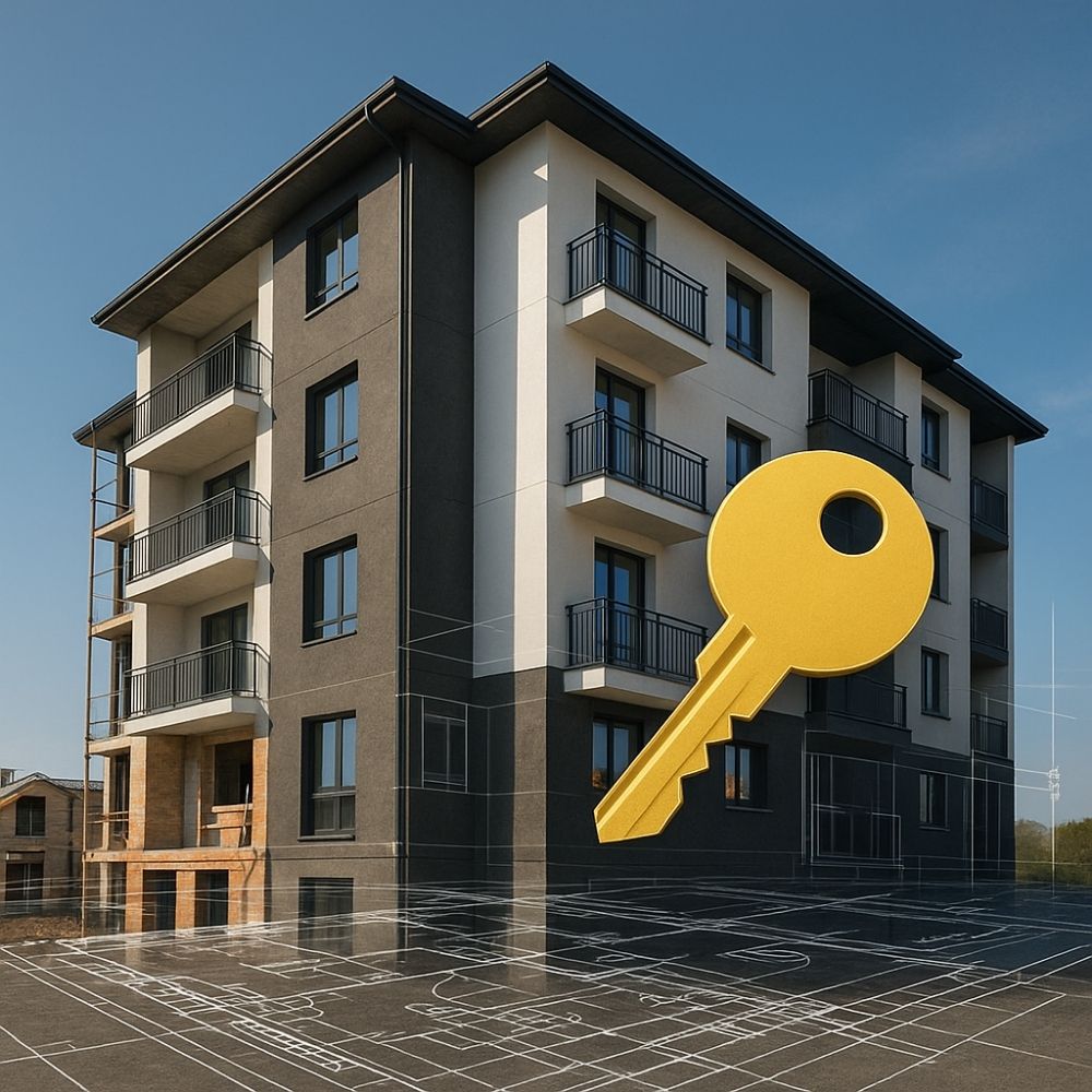 “Sleek modern multi-story residential building with a blueprint overlay and a golden key symbol, representing a turnkey project by a construction campany in Greater Noida