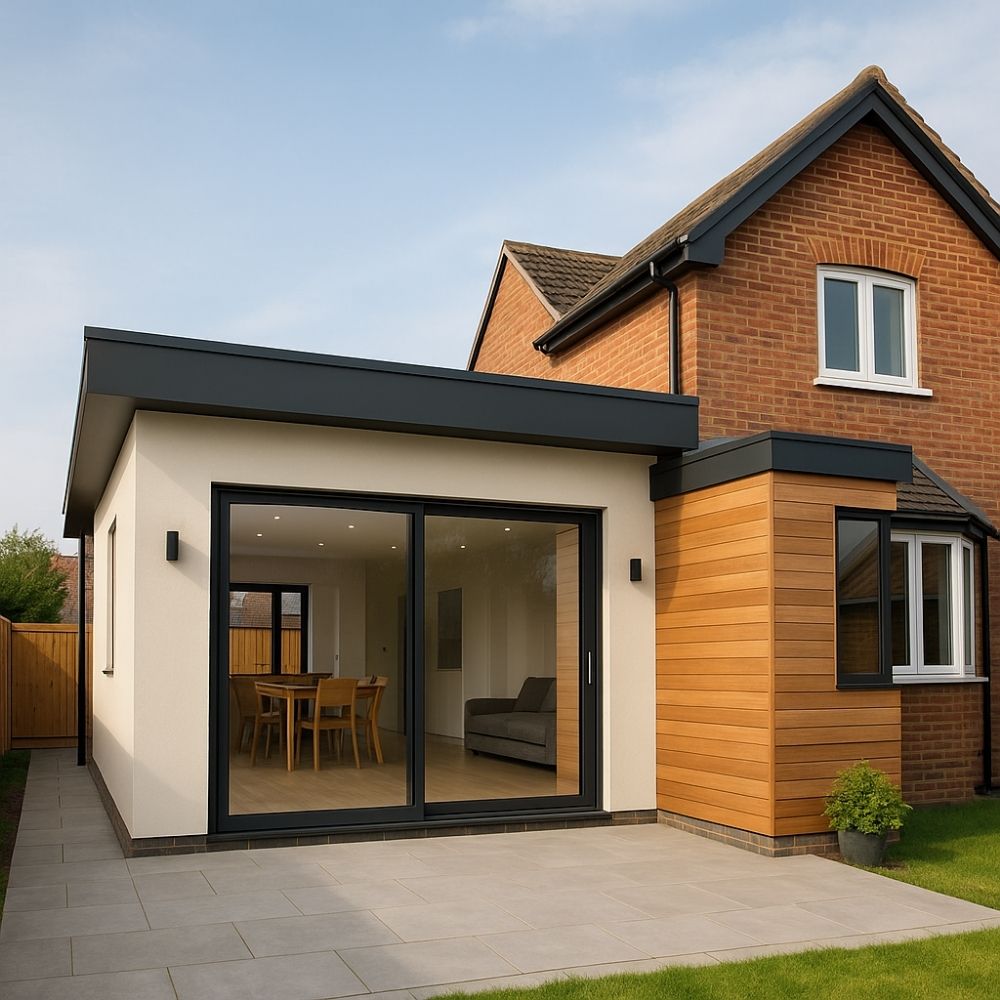 Modern home renovation and addition featuring a sleek extension with large glass doors, wood cladding, and a tidy patio”