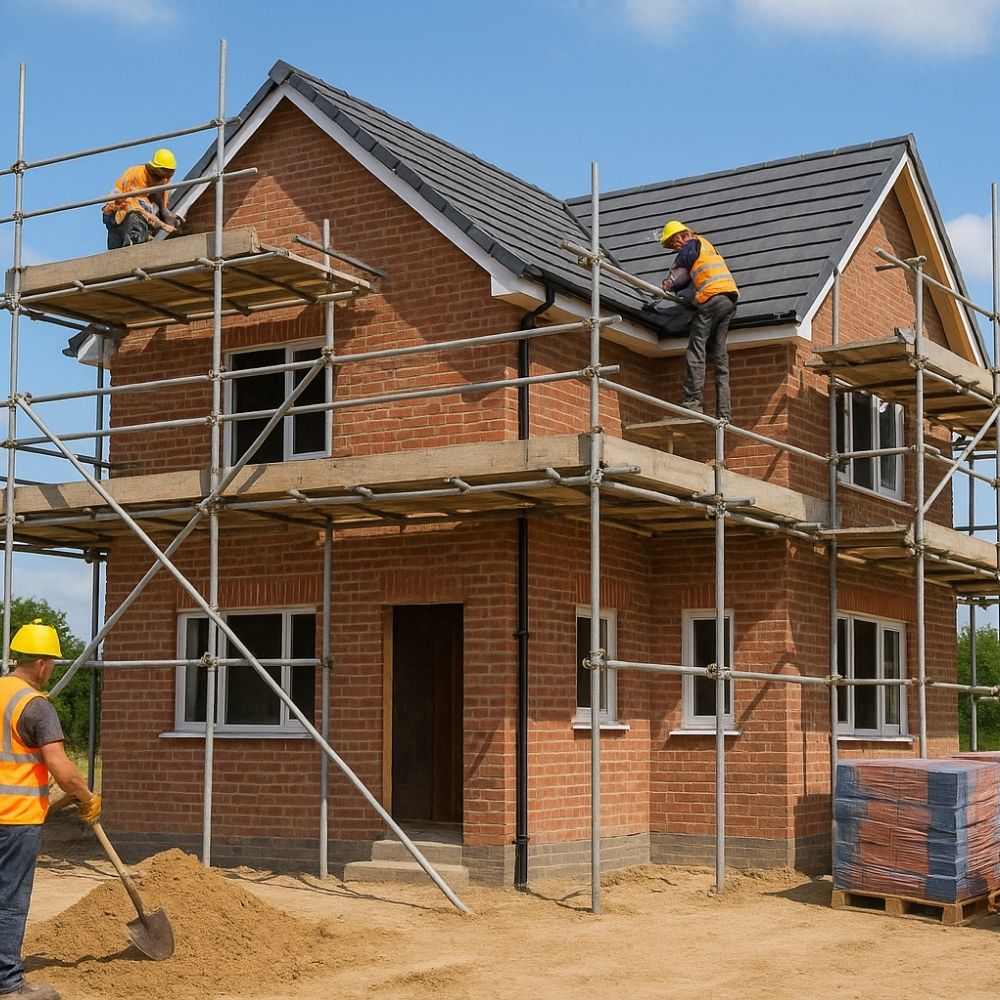 Three builders on scaffolding working on roof and walls of a brick home, representing the precision of a contruction campany in Noida.