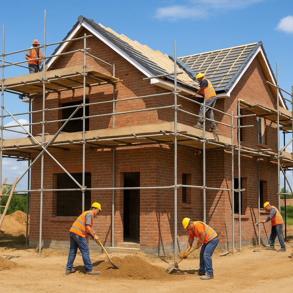 Workers in hard hats and vests building a two-story brick house frame, showcasing the expert work of a contruction campany in Noida.
