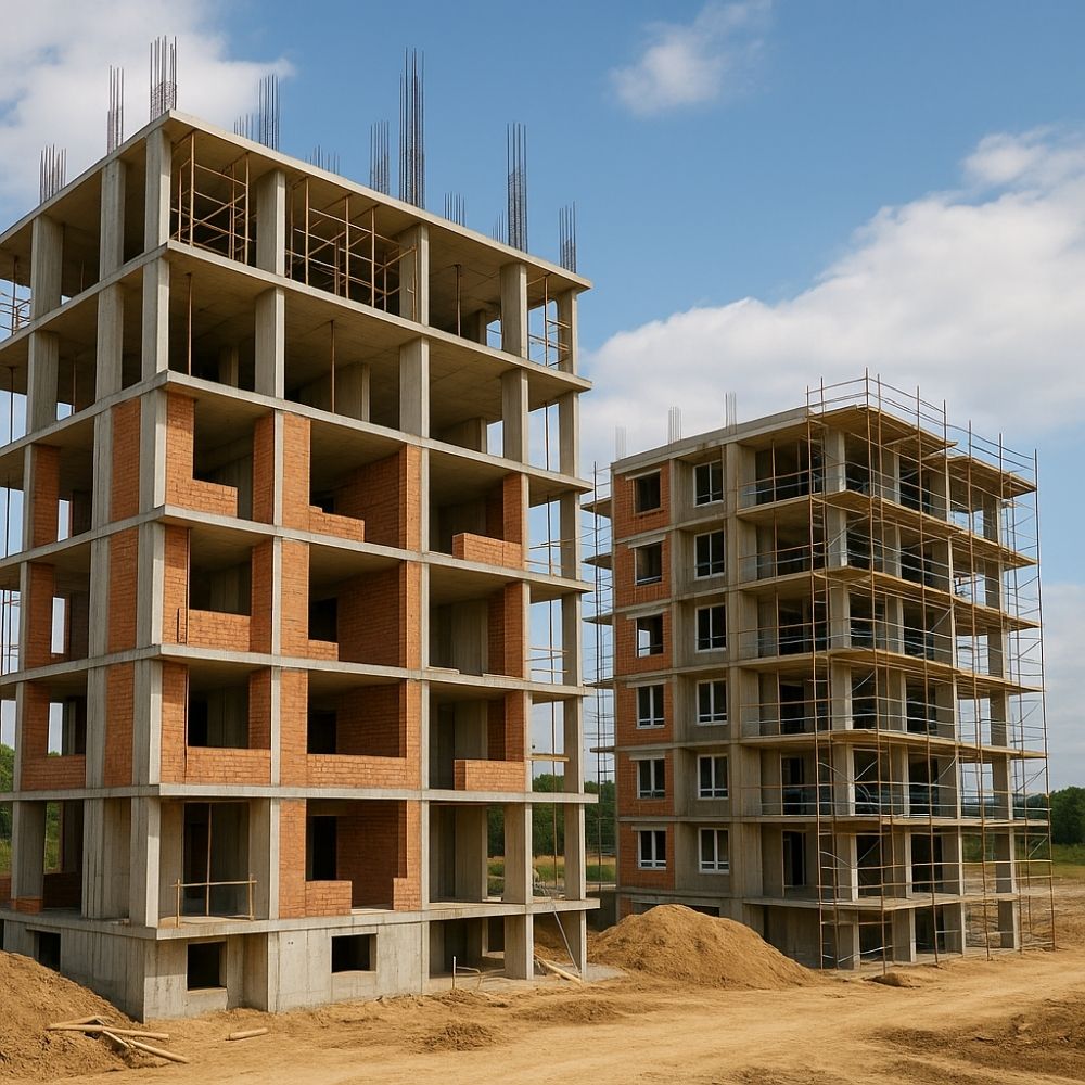 Two multi-story buildings under construction with concrete frames, brick infill, and scaffolding—work by a leading construction company in Noida.