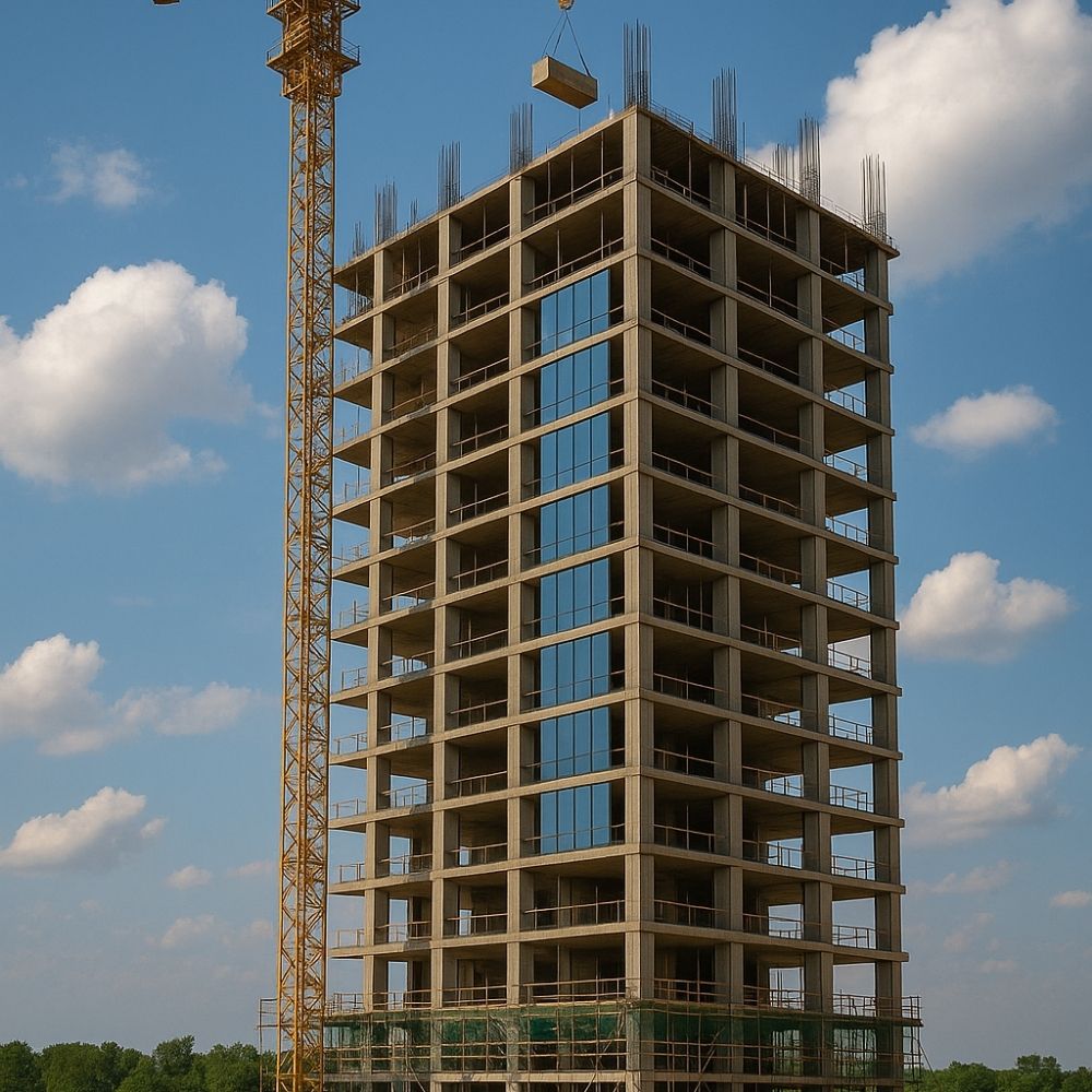 Tower crane lifting a concrete slab onto a multi-story office frame, showcasing the expertise of a contruction campany in Noida.