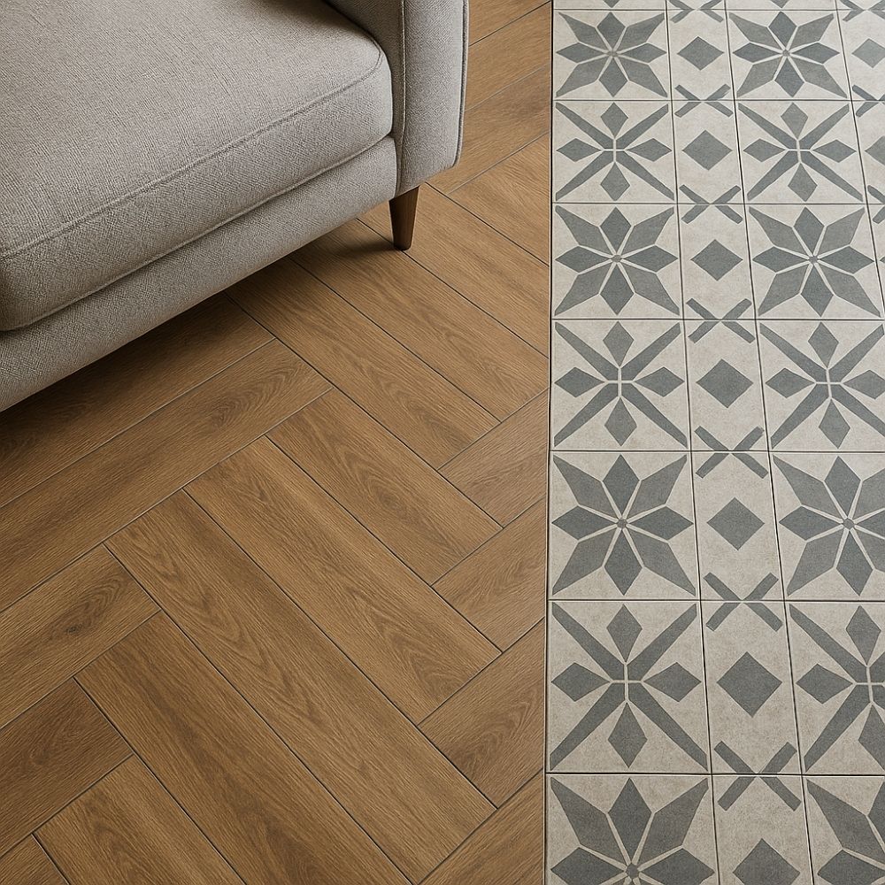 “Herringbone oak wood flooring seamlessly transitioning to gray geometric ceramic tiles — a perfect choice for house renovation in Greater Noida.”