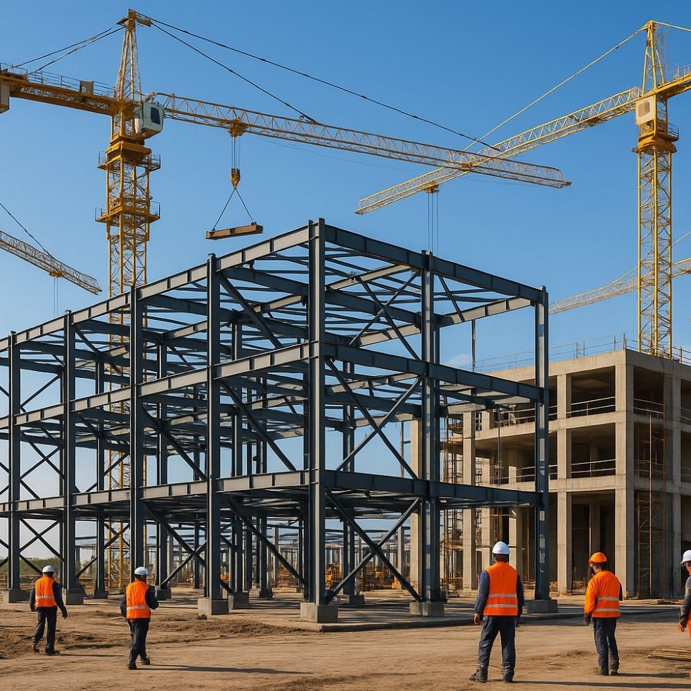 Concrete core structure and yellow cranes at an industrial construction site in Greater Noida – construction campany in greater noida