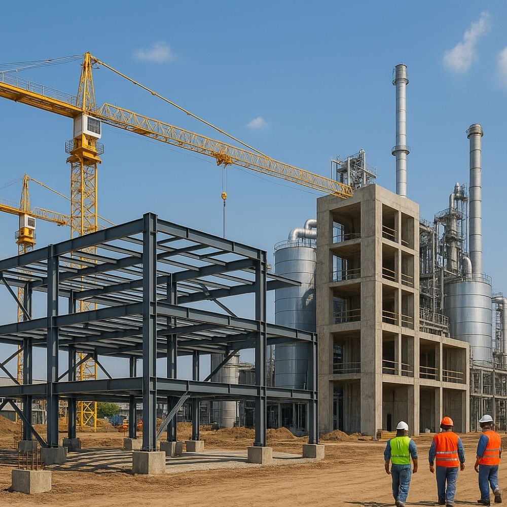 Steel framework and cranes on an industrial construction site in Greater Noida – construction campany in greater noida”
