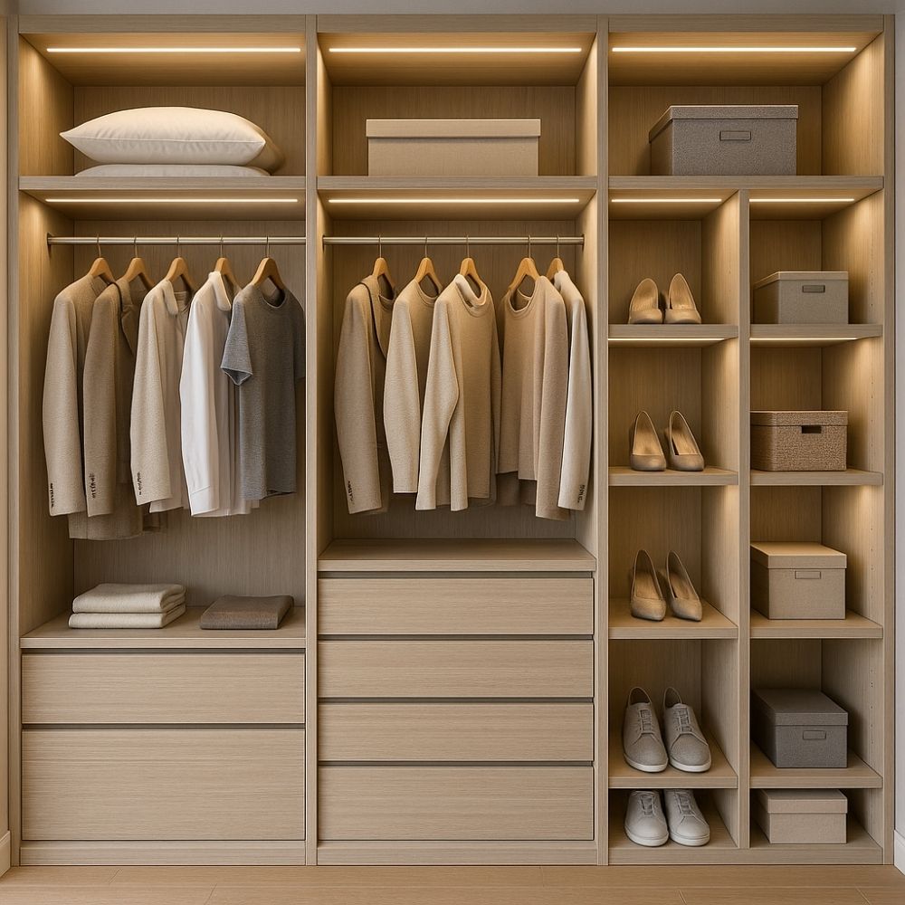 Spacious custom walk-in wardrobe with light wood finish, integrated LED lighting, hanging rails, drawers, and open shelving—showcasing premium storage solutions by an interior designe in Greater Noida.