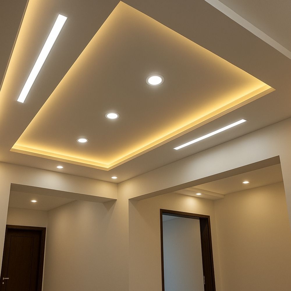 “Modern false ceiling layout with recessed circular downlights, linear LED strips around a central recess, and perimeter accent lighting