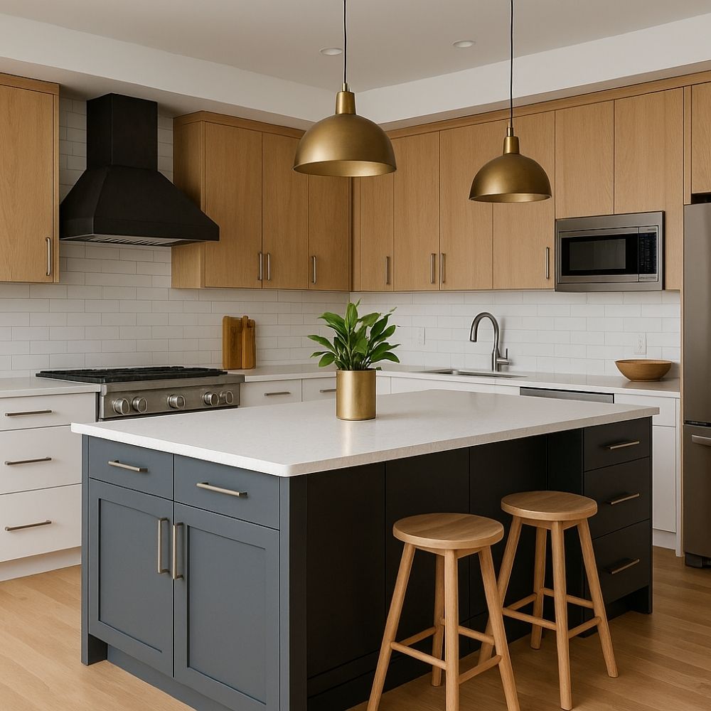 “Sleek modular kitchen with island, brass accents, and ample storage – interior designe in greater noida