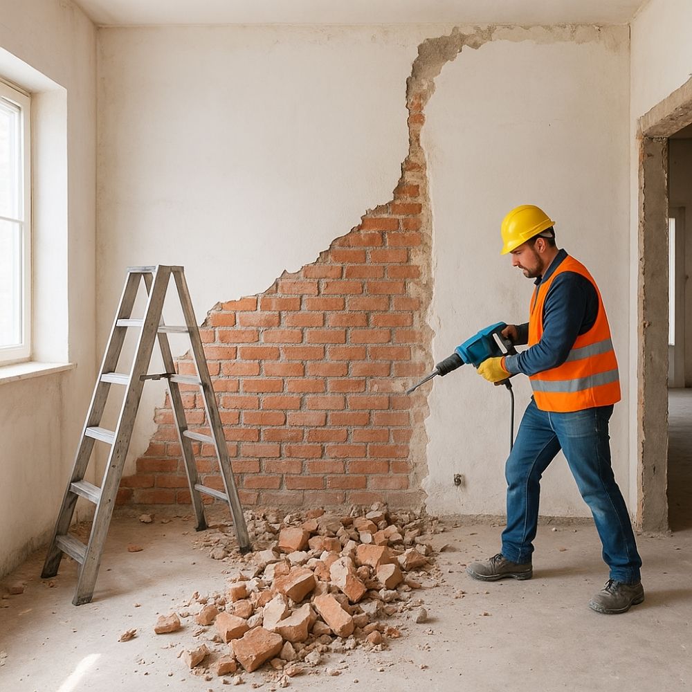 Construction worker chiseling exposed brick wall during renovation – interior designe in greater noida”