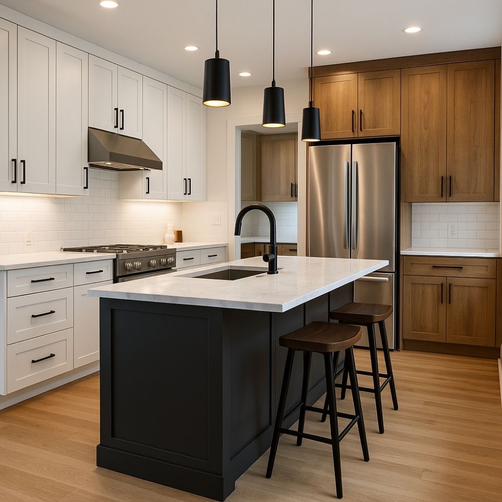 Modern kitchen featuring a house renovation in Greater Noida: white shaker cabinets, warm wood accents, and a marble island.