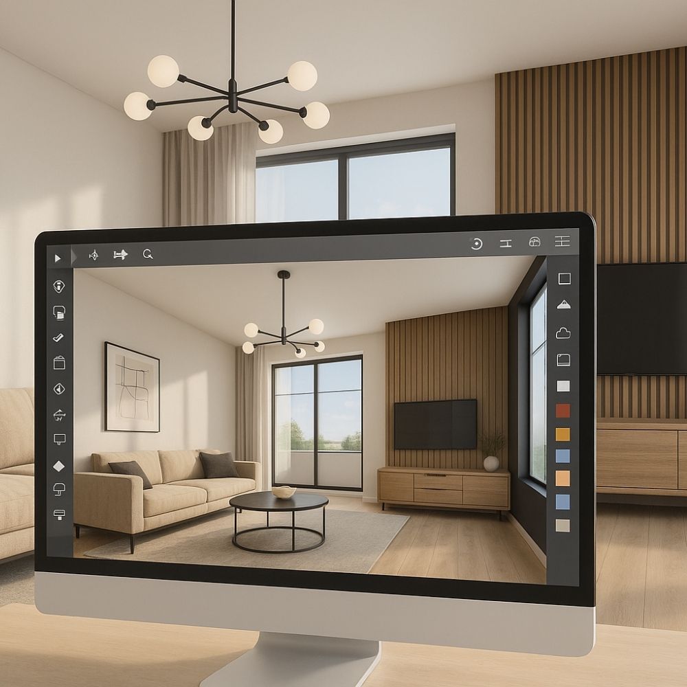 Computer monitor displaying a 3D-rendered modern living room with L-shaped sofa, coffee table, wooden slat feature wall, and floor-to-ceiling windows—created by an interior designe in Noida.