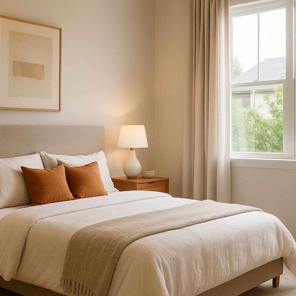 Cozy bedroom with neutral tones, wooden nightstand, and natural light – interior design in Noida”