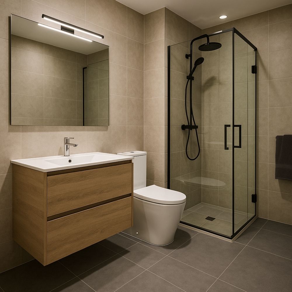 “Minimalist bathroom with wooden floating vanity, glass shower, and wall-mounted toilet – perfect for a house renovation in Greater Noida.”