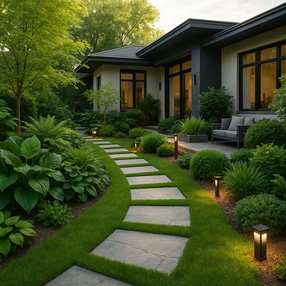 Contemporary home exterior with modern stone pathway, lush shrubs, ambient pathway lights, and comfortable outdoor seating—showcasing professional Landscape & Exterior Design in Greater Noida.