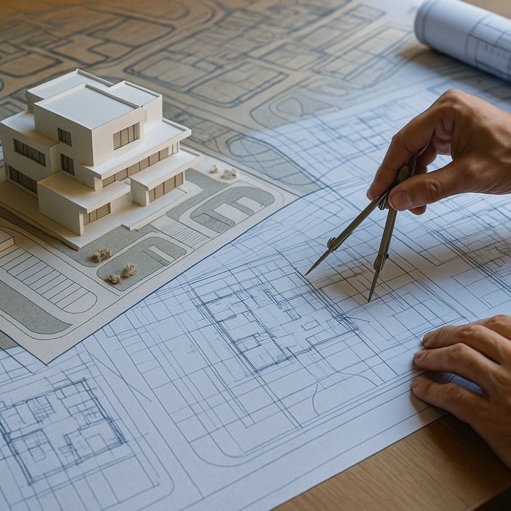 Architect’s hands drafting site master plan with 3D building model — Aarna Architecture & Designing Services in Noida.