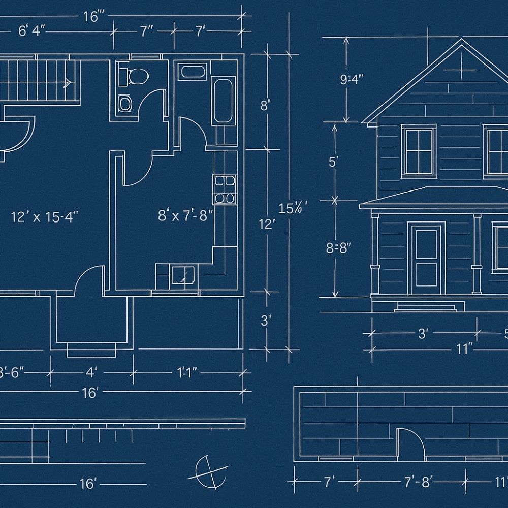 A detailed architectural drawing by Aarna Renovation in Noida showing floor plans, elevations, and precise measurement annotations for a residential project.