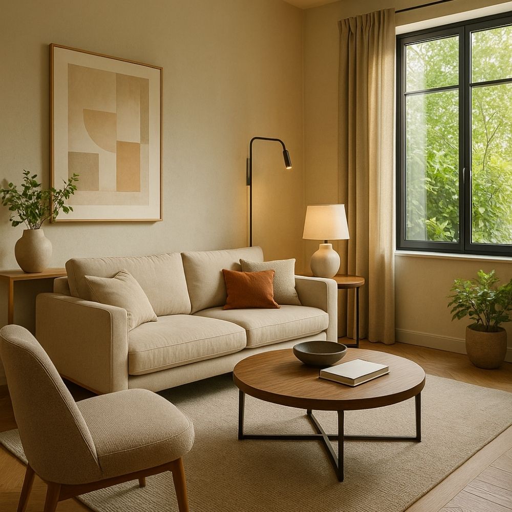 Modern living room with beige sofa, round coffee table, accent chair, floor-to-ceiling window, and warm lighting—showcasing expert Interior Space Design in Greater Noida