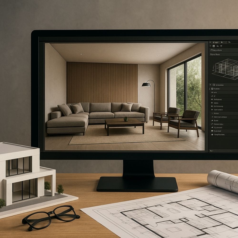 Photorealistic 3D interior render displayed on a computer monitor, with architectural model and floor plans on desk — Aarna Architecture & Designing Services in Noida