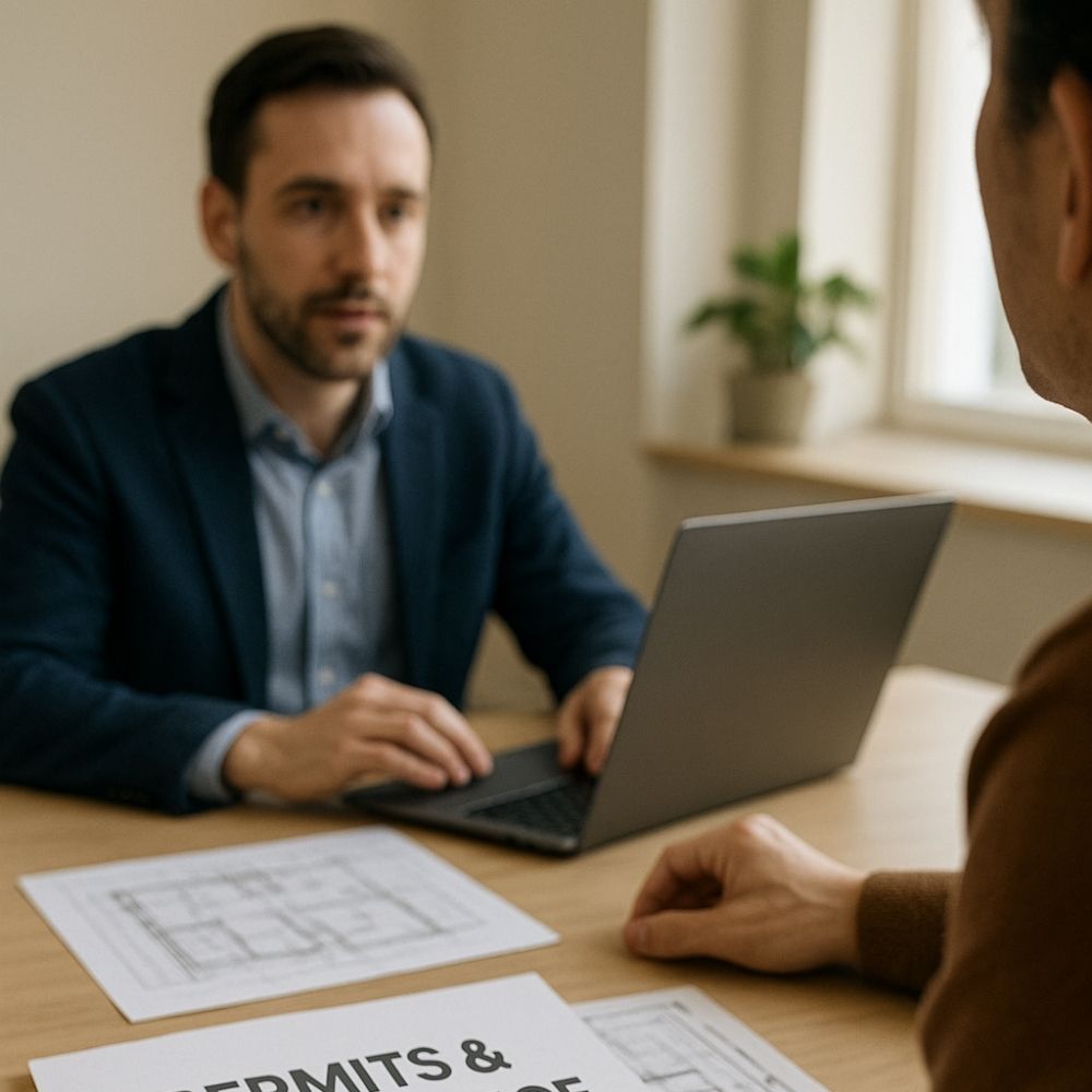 A consultant from Aarna Renovation in Noida reviews an approved permit document labeled “Permits & Compliance Consulting” with a client over an architectural blueprint.