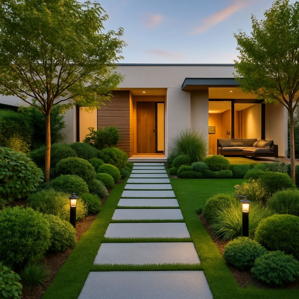 Twilight view of a modern home exterior with a stone pathway, bollard lights, manicured shrubs, and a cozy recessed seating area—showcasing professional Landscape & Exterior Design in Greater Noida.