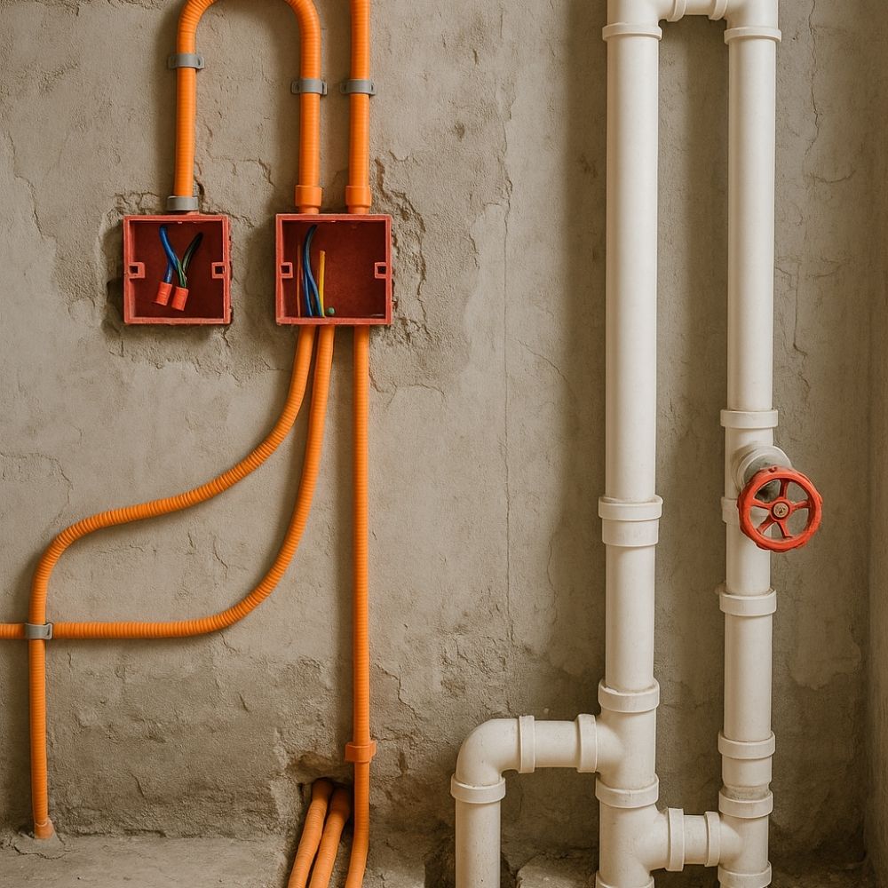 Exposed orange electrical conduits and white PVC plumbing pipes on a raw concrete wall, illustrating behind-the-scenes interior design infrastructure