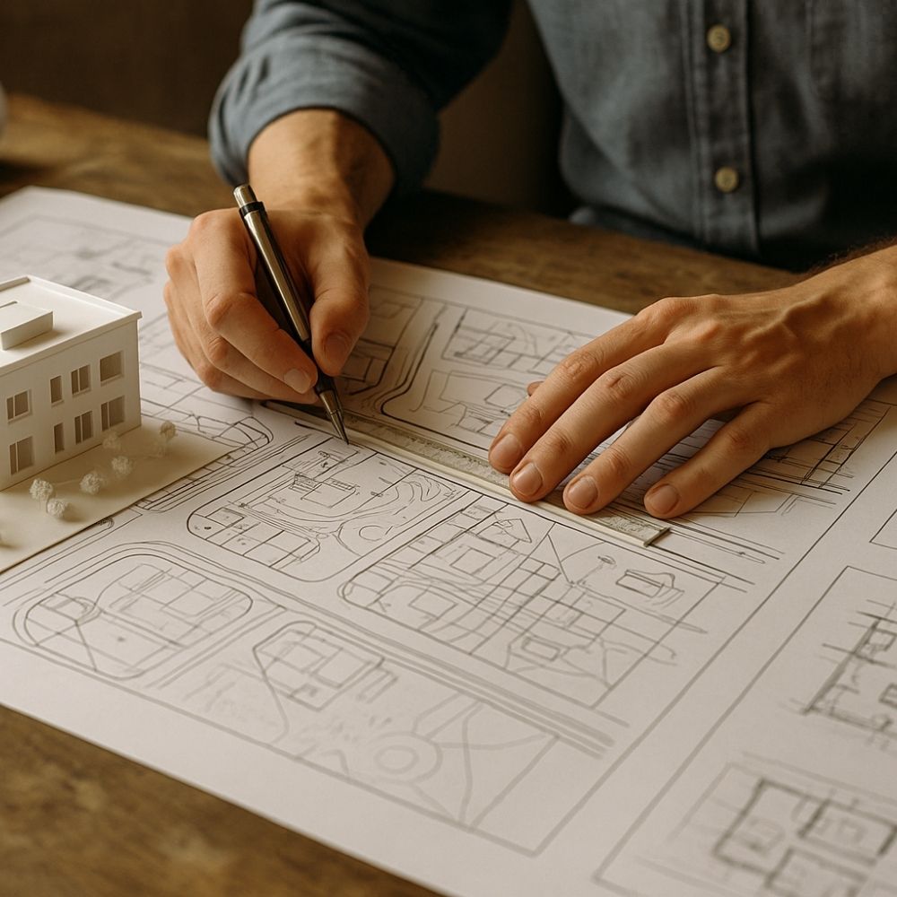 Architect’s hands drafting site master plan with scale model and blueprints — Aarna Architecture & Designing Services in Noida