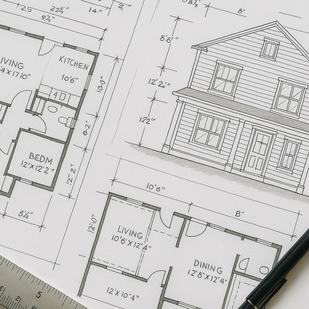 Detailed architectural drawings on paper showing floor plans, elevation, and section views with precise measurements; accompanied by a pencil and ruler.