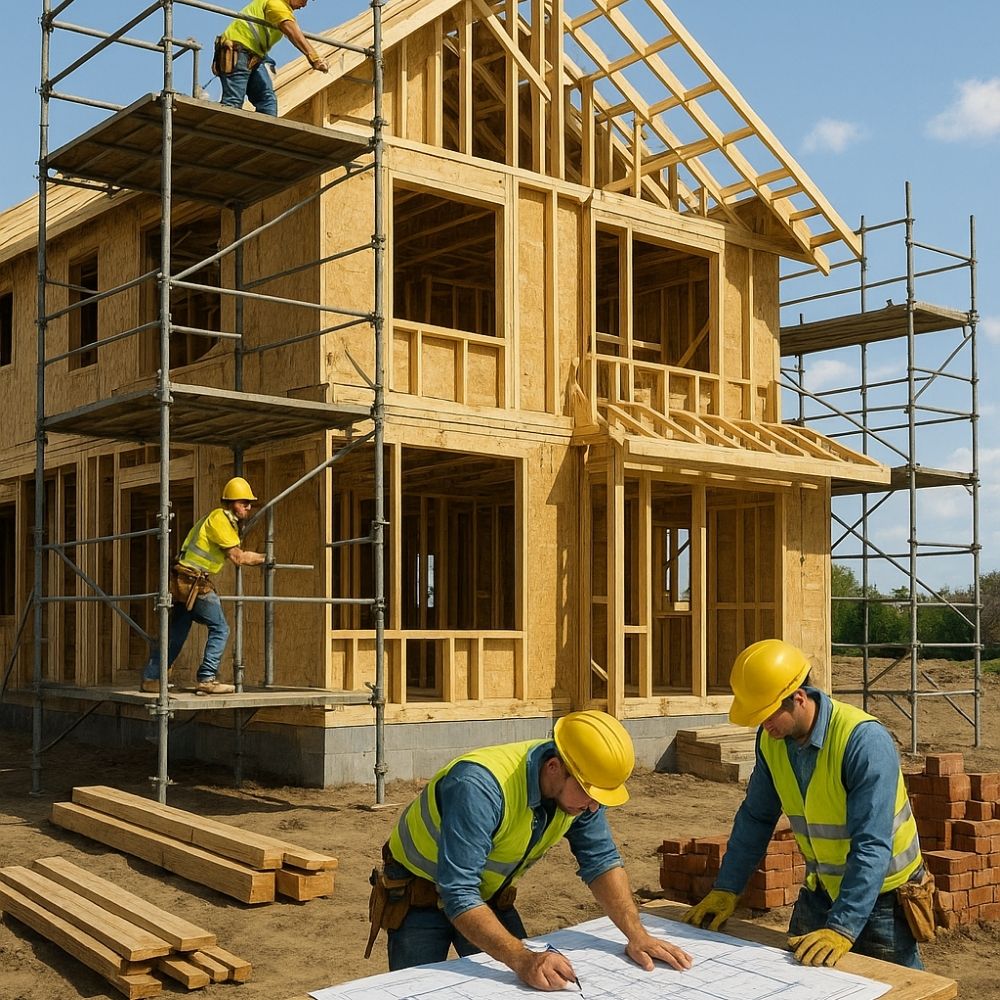 Sunlit two-story wooden house framework with scaffolding and workers, exemplifying a construction campany in Greater Noida at work.