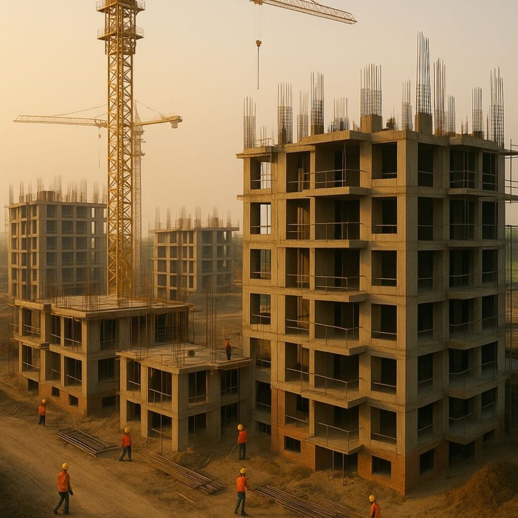 βA sprawling residential construction site in Greater Noidagreater Noida by a construction campany in greater noidagreater noida, showing half-completed multi-storey concrete buildings, tower cranes, scaffolding, and workers in safety gear under golden-hour light.β