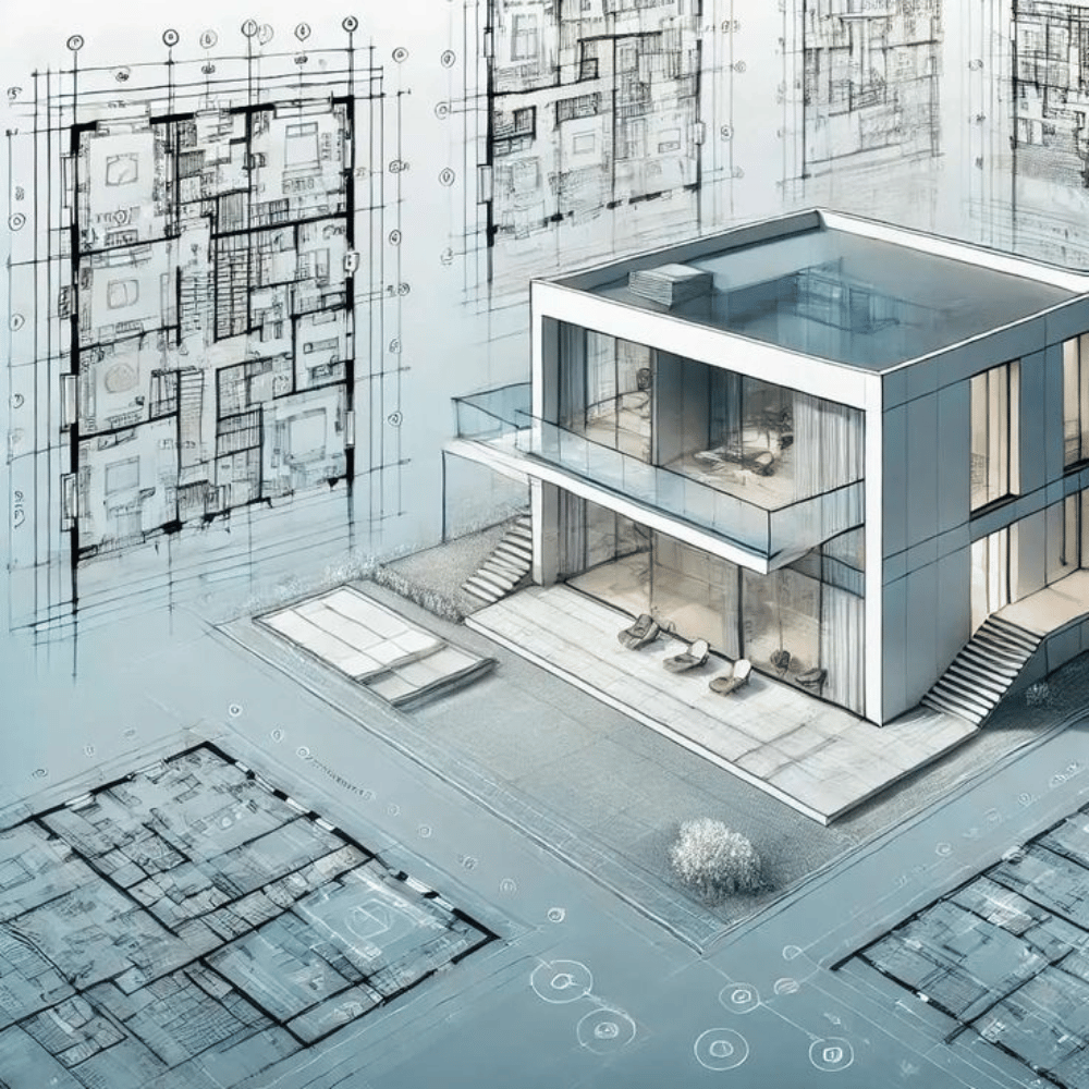 3D architectural visualization of a modern two-story villa in Greater Noida, overlaid with detailed floor-plan sketches and dimension annotations"