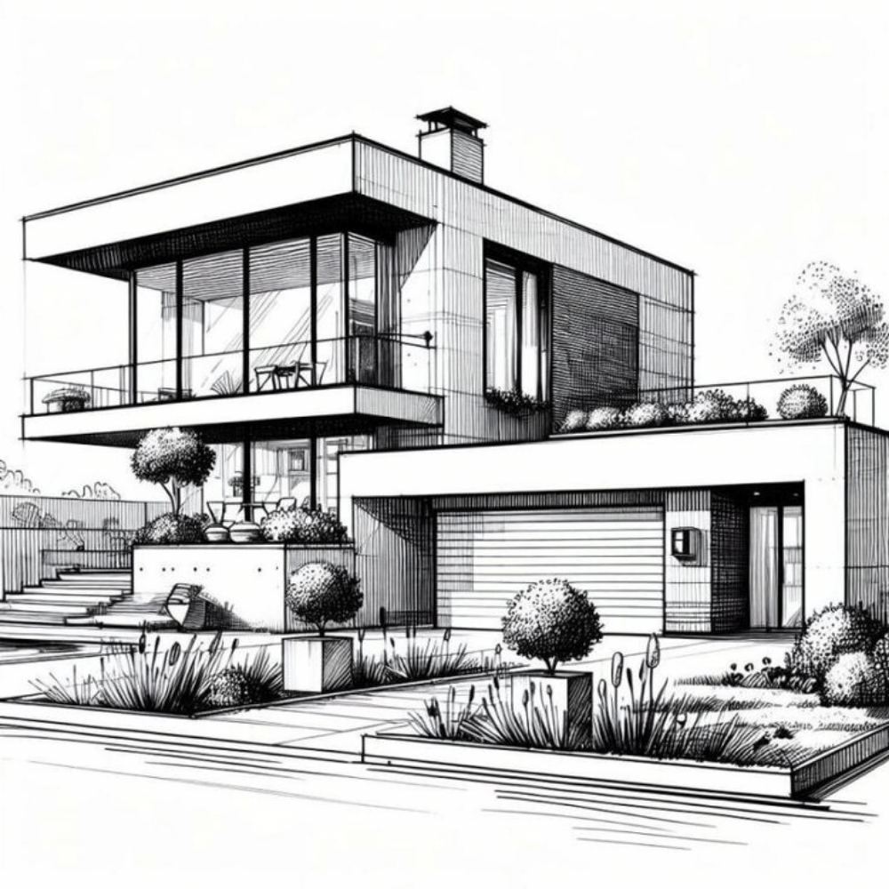 Hand-drawn architectural sketch of a contemporary two-story villa in Greater Noida, featuring cantilevered upper floor, integrated garage, and landscaped planters