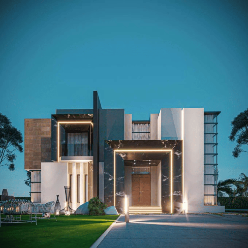 Evening view of a modern luxury villa façade with LED accent lighting by top architects in Greater Noida.