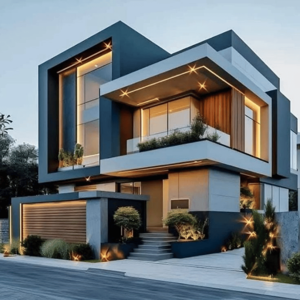 Twilight 3D rendering of a luxury contemporary villa in Greater Noida, featuring illuminated cantilevered volumes, floor-to-ceiling windows, wood slat accents, and landscaped frontage
